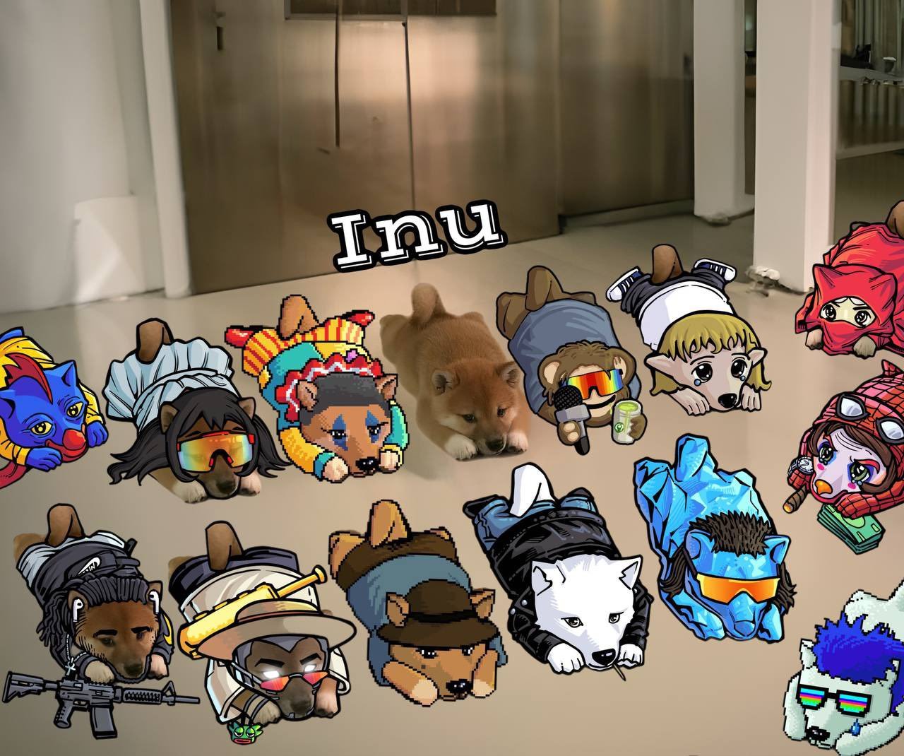A Shiba Inu puppy surrounded by hand-drawn INU characters