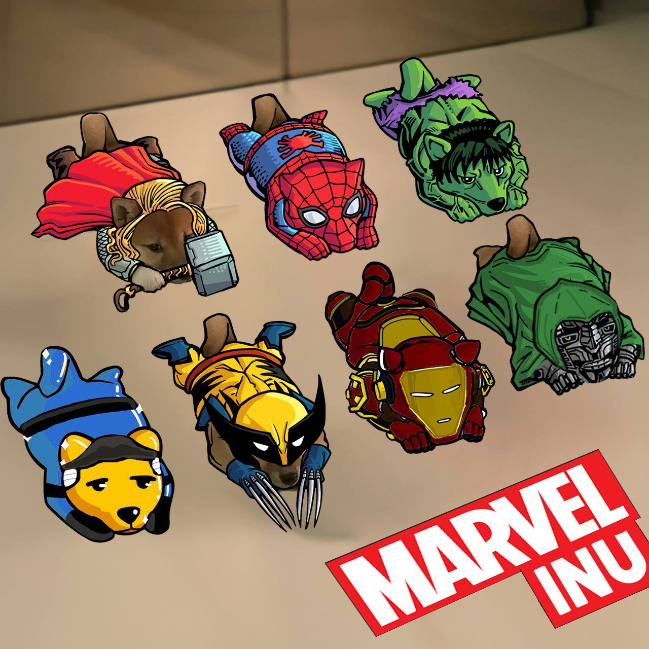 Collection of hand-drawn superhero-inspired INU characters