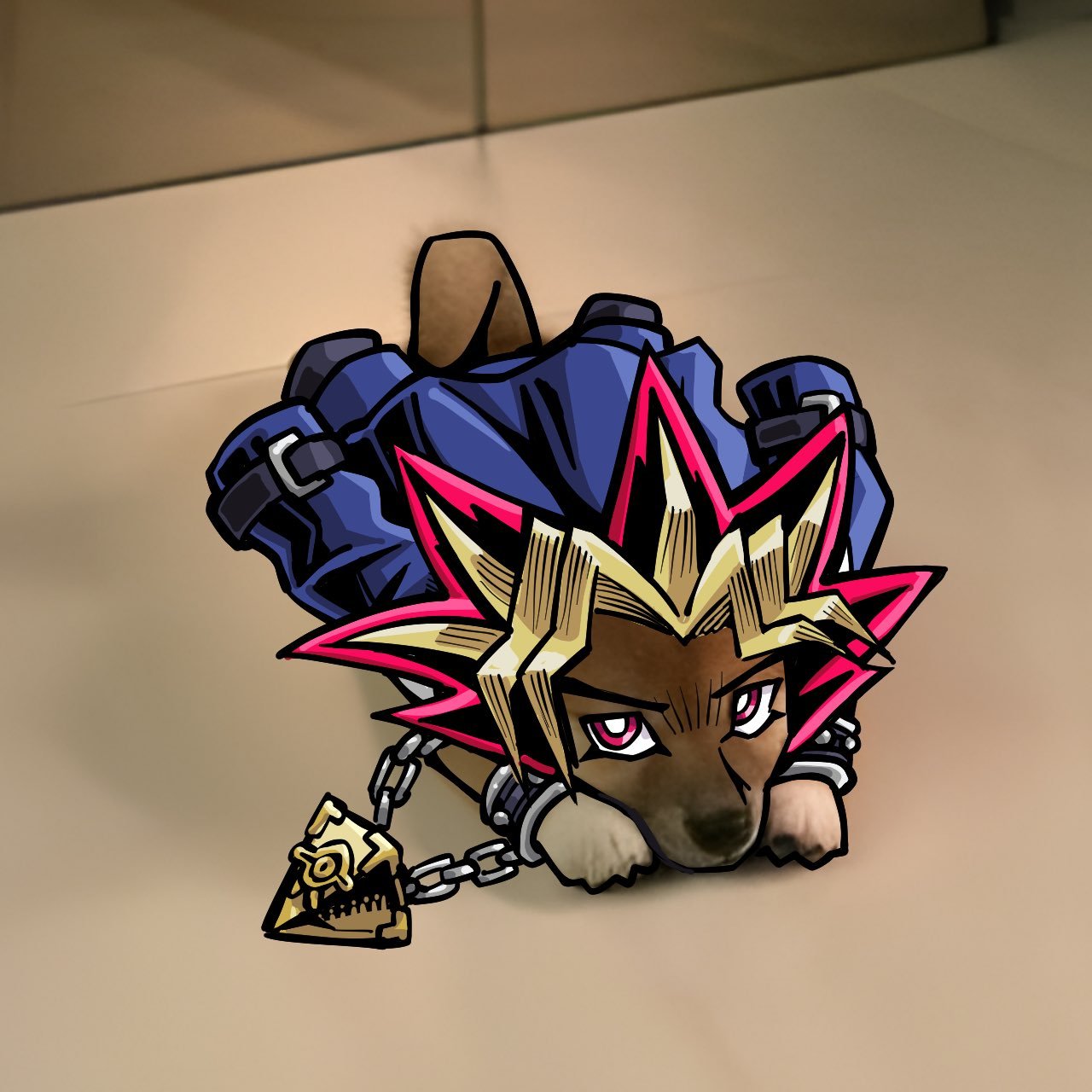 Hand-drawn INU character dressed as Yugi