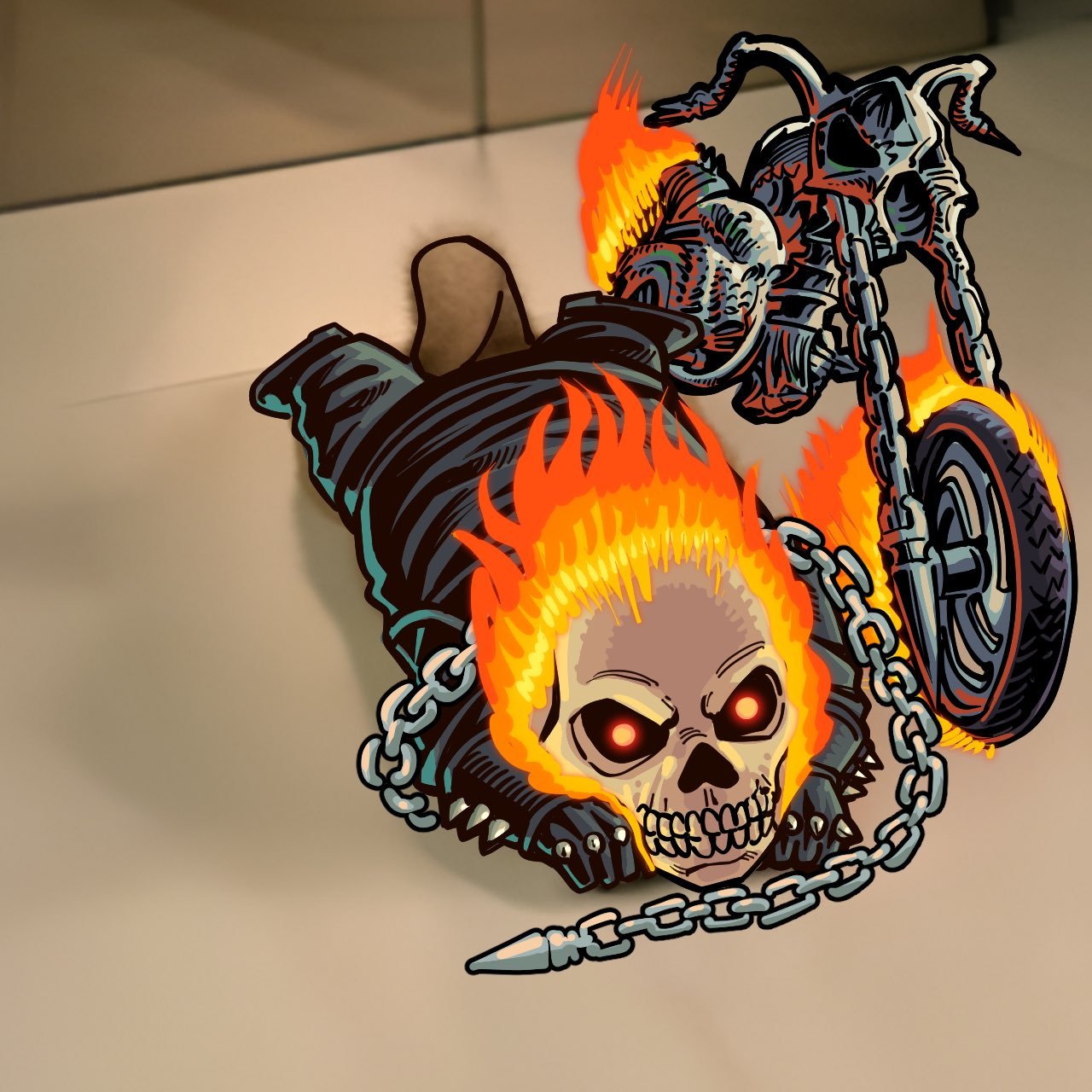 Hand-drawn flaming motorcycle rider INU character